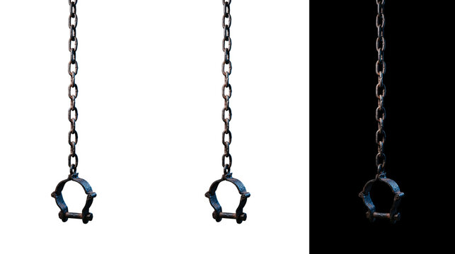 Ancient Medieval Iron Shackle Hanging from Long Rusted Chain Isolated on Black and White Background