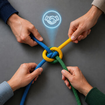 Four Hands Coordinating Colored Cords for Team Connection, Collaboration and Organizational Network Concepts