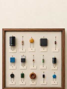 Electronic components pinned in a specimen box, featuring a microchip and capacitors on a padded board with copy space for science content