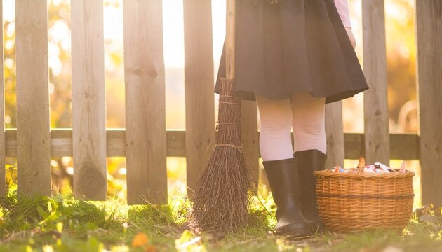 child in witch costume with broom and candy basket by fence