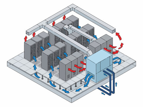 Server room cooling schematic showing underfloor air distribution and exhaust ductwork for optimal thermal management of electronic racks.