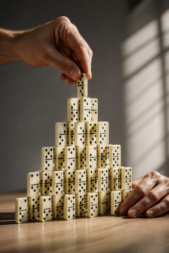Hands Placing Final Domino Upright for Project Completion, Workflow Continuity and Business Execution