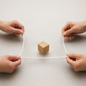 Hands Stretching Safety Net Around Block for Risk Protection, Business Resilience and Support Concepts