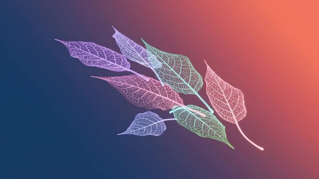 Abstract rendering of colorful skeleton leaves arranged to form a dynamic composition against an ombre gradient background.