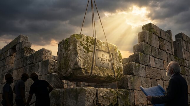 Workers lifting the rejected stone at ancient stone wall construction site. Architect watching cornerstone being placed with divine light through clouds.