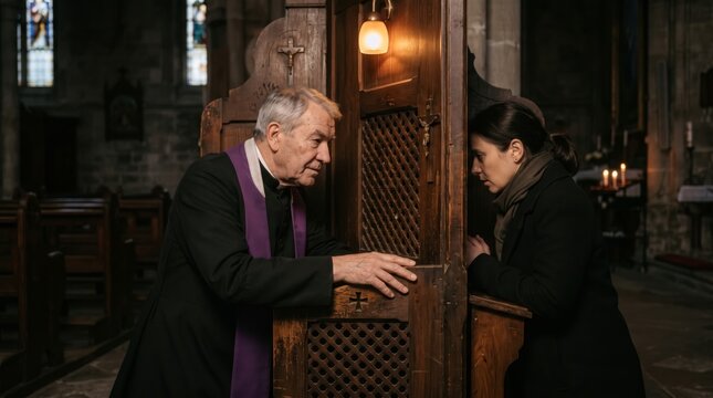 Senior priest listening to woman confession in wooden confessional booth inside dark catholic church. Sacred sacrament of penance with crucifix and candlelight.