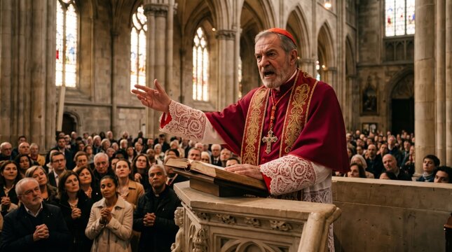 Elderly cardinal preaching from pulpit with bible to congregation in gothic cathedral. Catholic mass ceremony in church with stained glass windows.