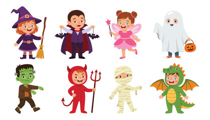 Obraz premium Cute kids in Halloween costumes vector set featuring cartoon witch vampire fairy ghost Frankenstein devil mummy and dragon characters