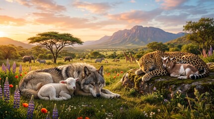 Fototapeta premium Wolf lying with lamb and leopard resting with goat in peaceful savanna at sunset. Wild predators and prey animals together in harmony.