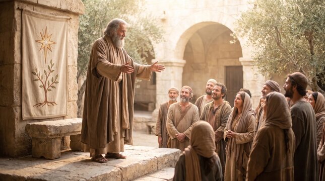 Old prophet preaching to crowd of people in ancient biblical courtyard. Bearded man in robe gestures while teaching villagers near stone wall with banner.