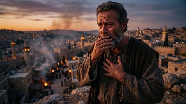 Weeping bearded man in biblical robe praying over ancient Jerusalem city at sunset. Sorrow and repentance of prophet overlooking holy town.