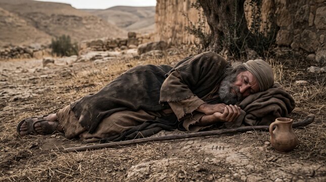 Poor beggar man sleeping on ground in ancient desert village. Weary traveler in ragged biblical robes resting near stone ruins and olive tree.