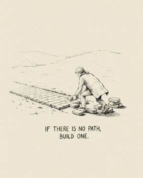 Man laying stone path with inspirational text if there is no path build one self reliance hard work personal growth taking charge problem solving pencil sketch self made work ethic initiative