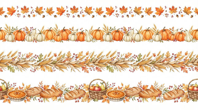 Autumn harvest borders with pumpkins leaves wheat and baked goods on white background