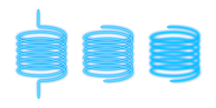 3D neon glowing blue gradient coil spring spiral electric wire elements set with futuristic technology cyberpunk mechanical industrial design on transparent PNG background