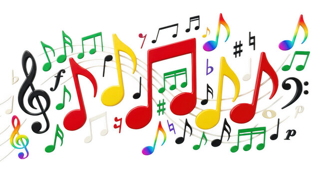 Collection of various colorful 3d music notes and symbols on transparent background for creative design.
