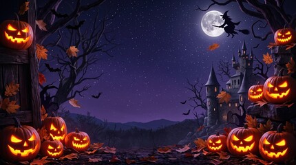 Fototapeta premium Spooky Halloween sale background with haunted castle, glowing jack o lanterns, witch, and full moon