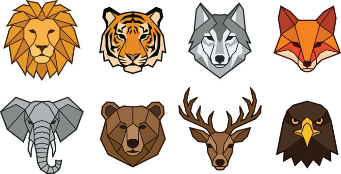 Geometric low poly wild animal heads vector icon set featuring lion tiger wolf fox elephant bear deer eagle