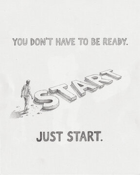 Motivational sketch of a person preparing to walk across the word start as a metaphor for initiative with taking action personal development initiative motivation inspiration new beginnings