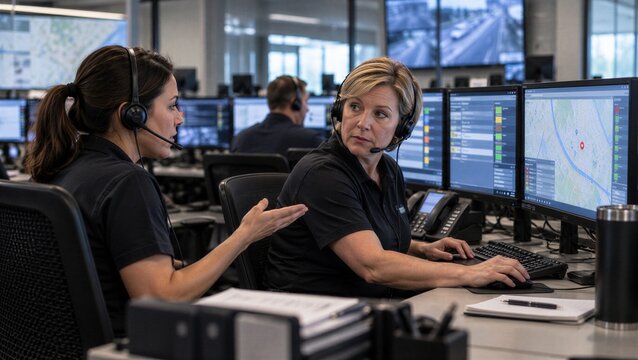 Two emergency dispatchers coordinating an active incident and exchanging critical information between adjacent workstations inside a modern public safety communications and response center