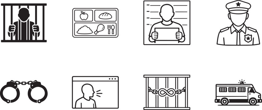 Prison related icon set featuring jail cell, bars, inmate, security, custody and correctional symbols, vector EPS