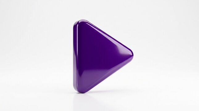 Purple play button icon 3D rendering. Glossy triangular multimedia control symbol on clean white background. Media player interface element for digital video streaming and web design projects