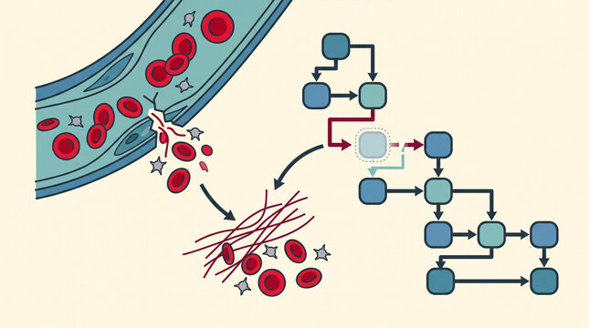 Coagulation cascade and blood clot formation illustration