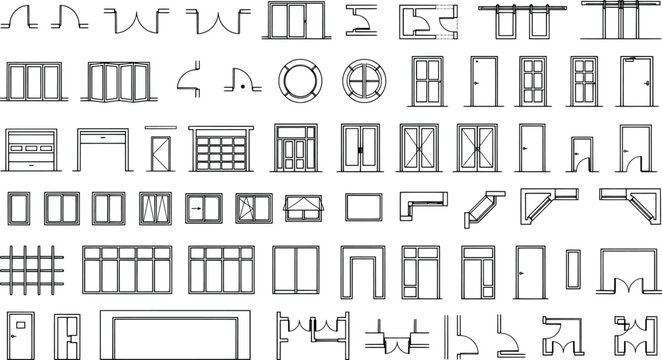 Set of architectural door and window symbols, top view vector icons for floor plan design