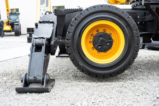 09.11.2026 - Lviv, Ukraine: JCB construction machinery displayed at a construction equipment exhibition, showcasing heavy machinery, excavators and industrial equipment