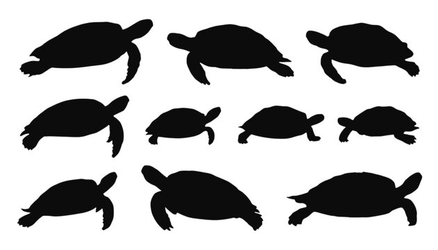 Group of black silhouette sea turtles swimming in a fluid motion across a clean white background, depicting various sizes and graceful underwater movements.