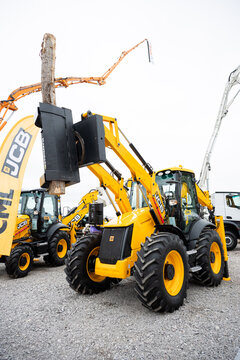 09.11.2026 - Lviv, Ukraine: JCB construction machinery displayed at a construction equipment exhibition, showcasing heavy machinery, excavators and industrial equipment