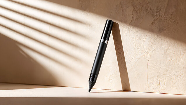 Black Cosmetic Pencil Leaning on Beige Textured Wall
