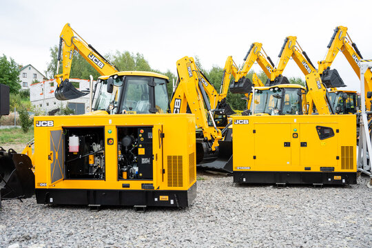09.11.2026 - Lviv, Ukraine: JCB construction machinery displayed at a construction equipment exhibition, showcasing heavy machinery, excavators and industrial equipment