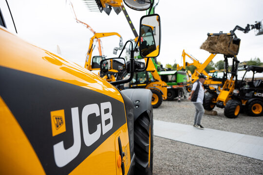 09.11.2026 - Lviv, Ukraine: JCB construction machinery displayed at a construction equipment exhibition, showcasing heavy machinery, excavators and industrial equipment