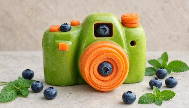 Creative camera sculpture made from fresh green apple and carrots with blueberries