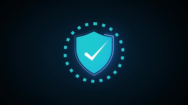 Security shield animation displays a verified check mark on dark. Digital data security clearance confirms through the shield graphic. Encrypted cybersecurity protection relies on the shield.