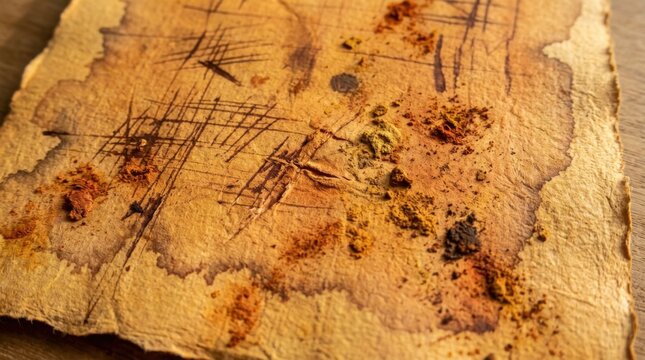 Ancient textured paper or tree bark background with dark scratches and spice powder stains