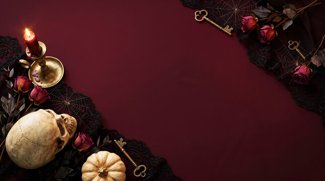 Gothic Halloween background with skull burning candle and vintage keys