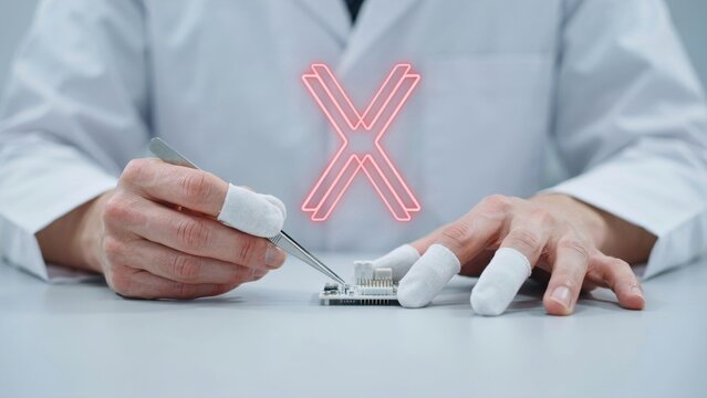Technician assembling circuit board with tweezers under red neon error cross