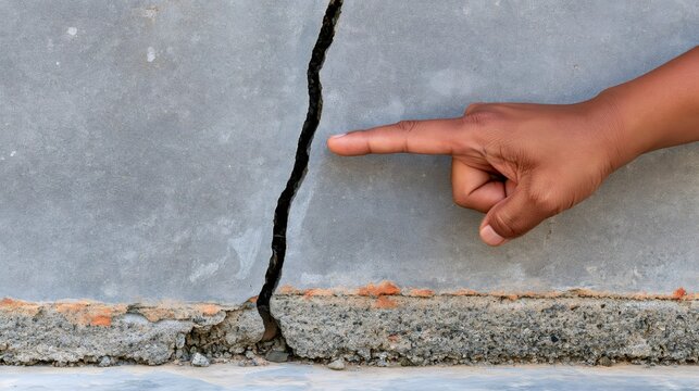 Hand pointing to a crack in concrete wall