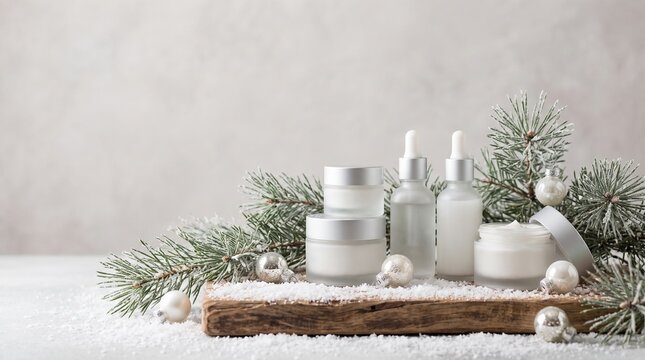 Skincare cosmetic bottles and jars are displayed on a wooden slab decorated with pine branches and silver ornaments.