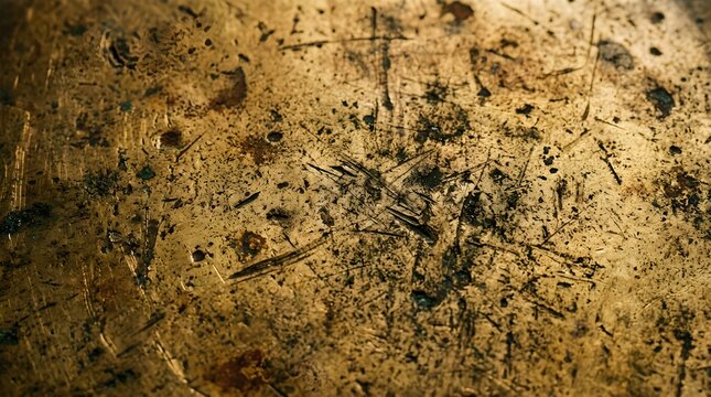 Closeup of a weathered and scratched brass metal surface with dark patina and texture