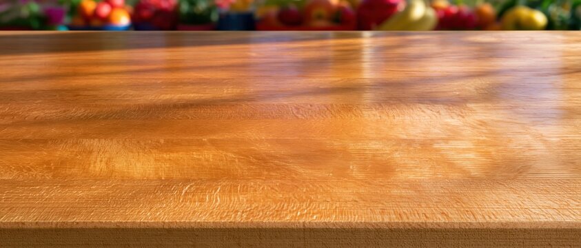Empty wooden table surface with a warm golden glow and blurred fruit background, offering copy space for a product mockup
