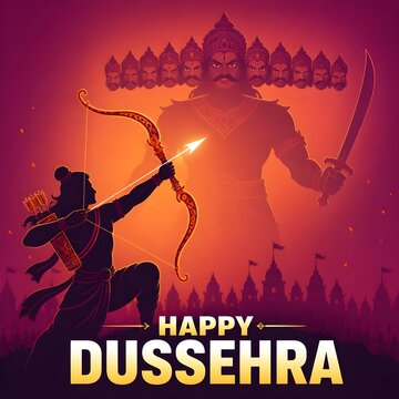 Rama aiming a glowing arrow at giant Ravana with "HAPPY DUSSEHRA".