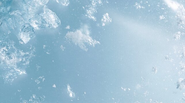 Falling snow flakes with crystalline textures on a soft lavender and blue background, ideal for winter overlays and copy space