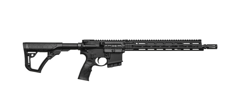 Modern black assault rifle side view