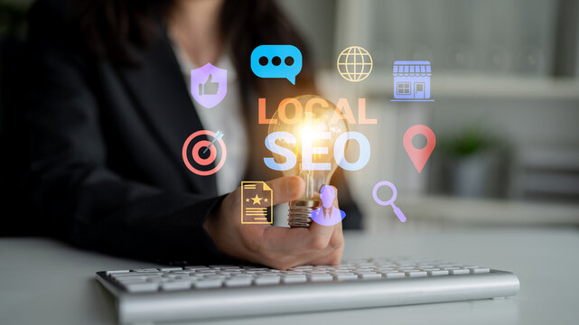 A business professional presents a light bulb symbolizing innovation, surrounded by icons depicting local SEO strategies, reflecting a modern marketing approach. Gantry