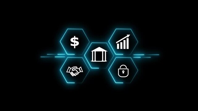 Hexagonal interface animation displays business analytics badges. High tech digital dashboard panels shape the hexagonal interface. Corporate commercial telemetry monitors on the interface.