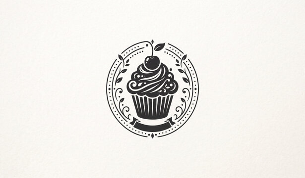 Vintage cupcake emblem with cherry topping, decorative apple leaves, ornate circular frame and ribbon, black and white bakery logo illustration
