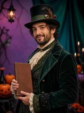 Smiling man in Victorian costume holding a book. Gentleman in green velvet coat and top hat with Halloween pumpkin decorations. Gothic fantasy cosplay